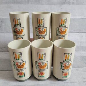 Vintage Loma 6-Piece Mid-Century Eggshell Plastic Tumblers Farmhouse Roosters